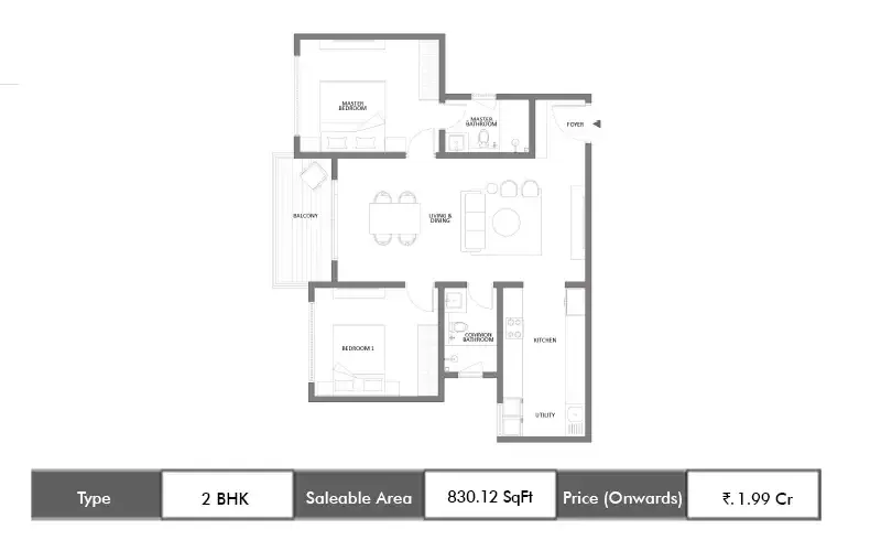 Embassy South Reserve 2 BHK floor plan, 830 sq ft saleable area
