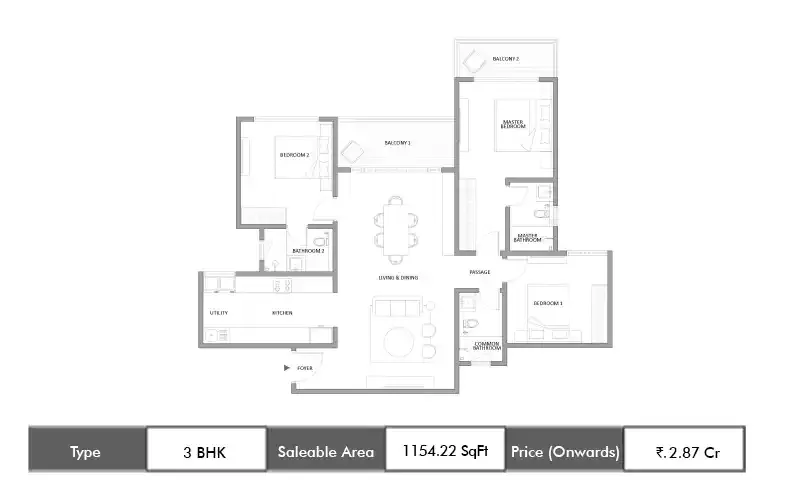 Embassy South Reserve 3 BHK floor plan, 1154 sq ft saleable area