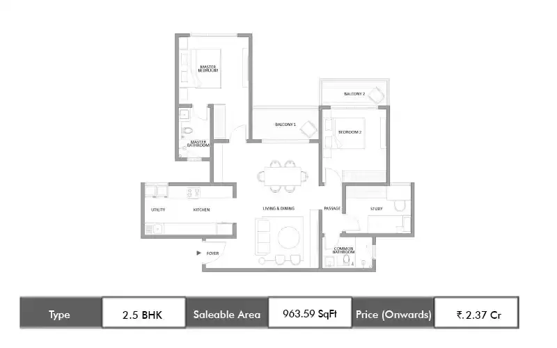 Embassy South Reserve 2.5 BHK floor plan, 963 sq ft saleable area